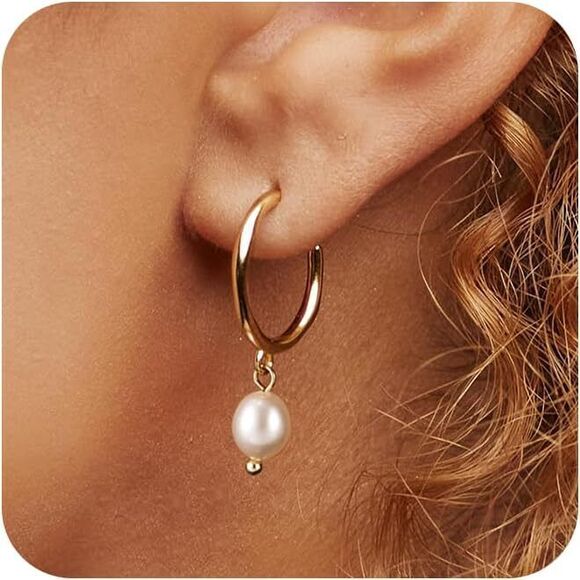 Pearl Dangle Earrings14K Gold Plated Pearl Drop Hoop Huggie Dangling Earrings - Picture 2 of 6